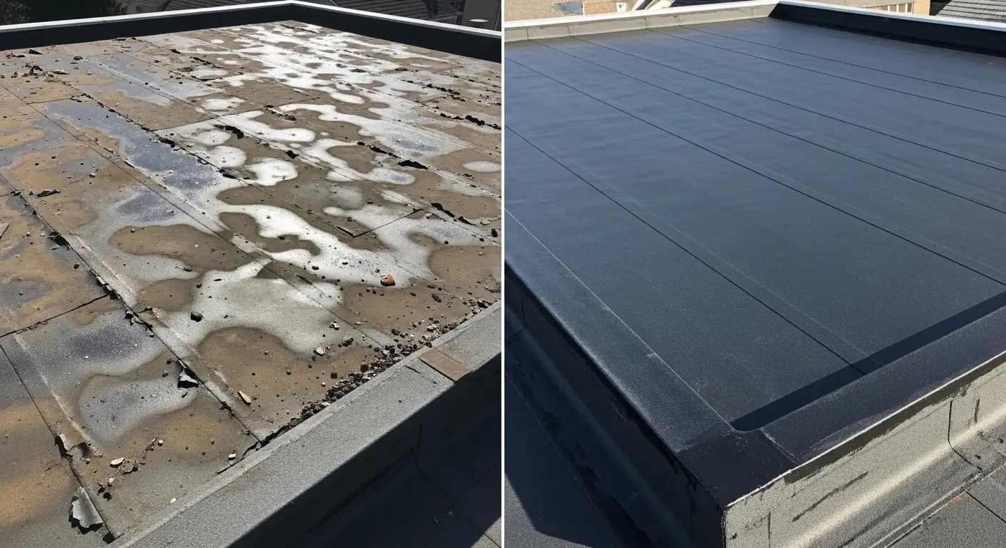 Avant après travaux étanchéité toiture-terrasse — réparation infiltrations et membrane neuve à Tanger