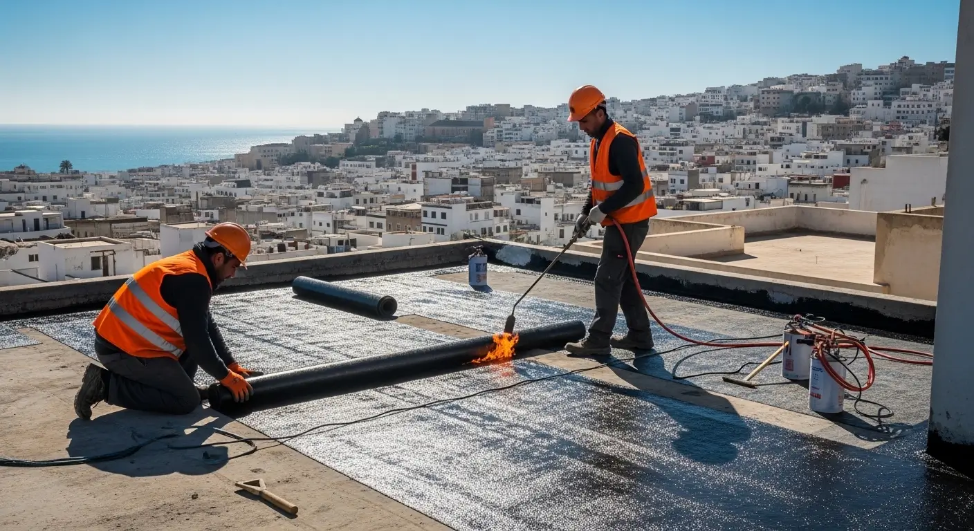 Étanchéité Tanger — pose membrane bitumineuse sur toiture-terrasse par l'équipe etanche.ma