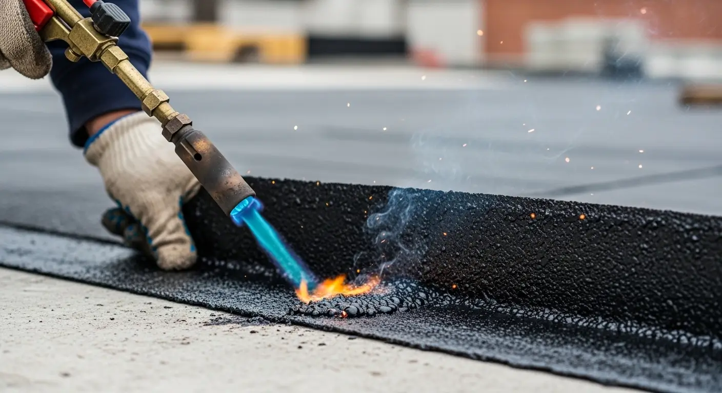 Pose membrane bitumineuse par torchage — technique étanchéité Tanger utilisée par etanche.ma